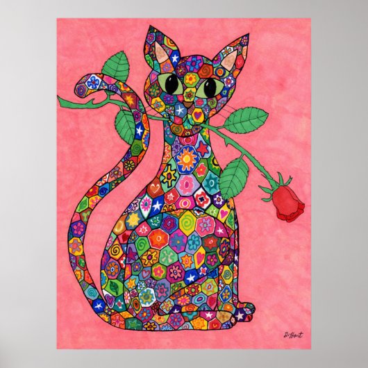 Millefiori Katze mit Rote Rose Poster (Vorne)