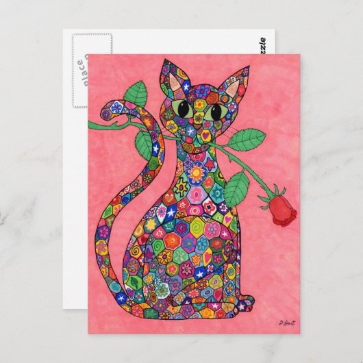 Millefiori Katze mit Rote Rose Postkarte (Vorne/Hinten)