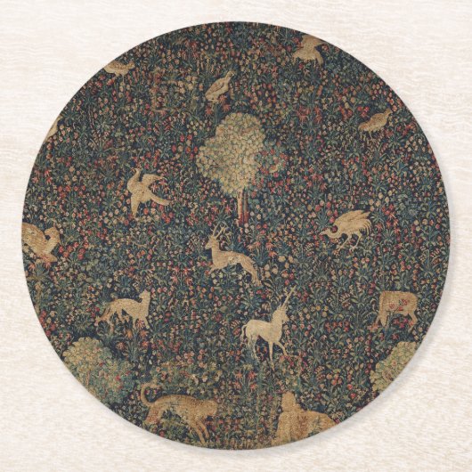 Millefleurs Tapestes mit Tieren Runder Pappuntersetzer (Vorderseite)