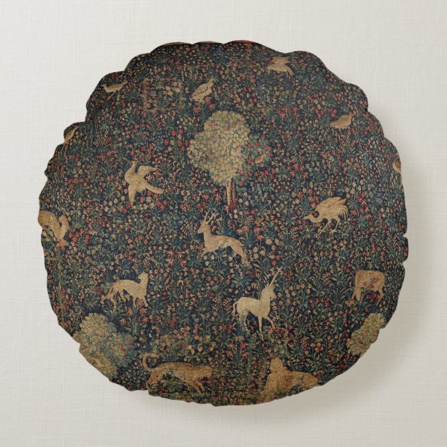 Millefleurs Tapestes mit Tieren Rundes Kissen (Vorderseite)