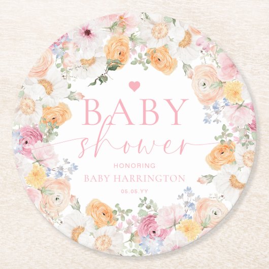 Millie Floral Baby Shower Runder Pappuntersetzer (Vorderseite)