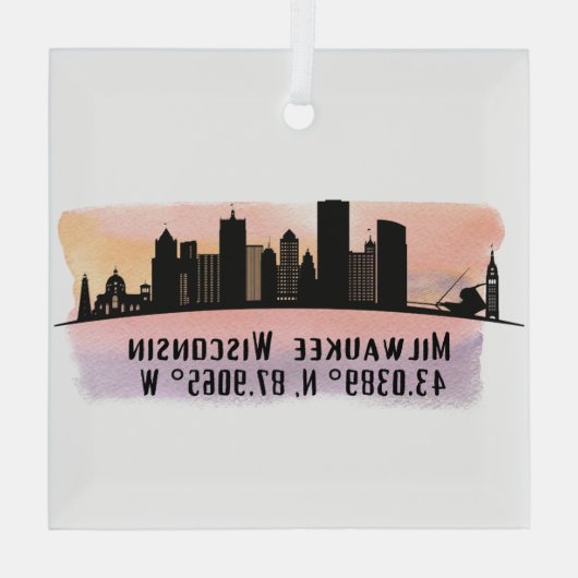 Milwaukee City Skyline Latitude und Länge Ornament Aus Glas (Rückseite)