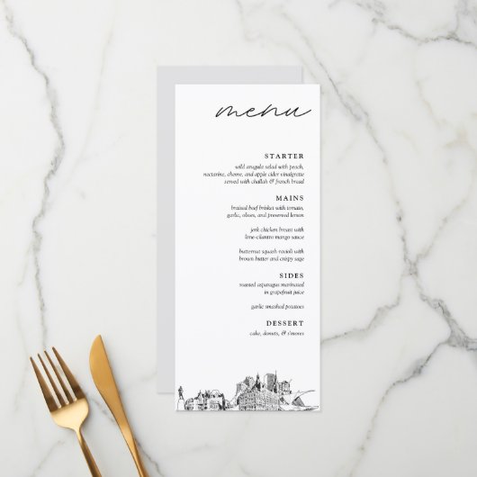 Milwaukee Skyline Modern Wedding Dinner Menu Menükarte (Vorderseite/Rückseite Beispiel)
