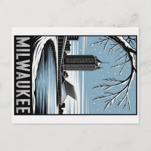 Milwaukee Skyline Schwarz-Weiß-Holzschnitt Winter Postkarte