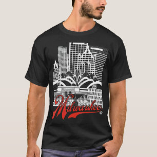Milwaukee Skyline steht weiß+rot auf schwarz T-Shirt