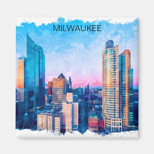Milwaukee Wisconsin Watercolor Cityscape Travel Magnet (Vorne)
