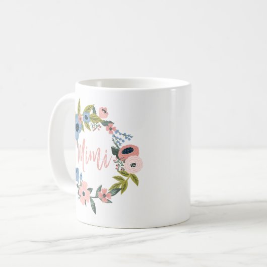 Mimi Brush Script Typografischer Blumenkranz Kaffeetasse (Vorderseite Links)