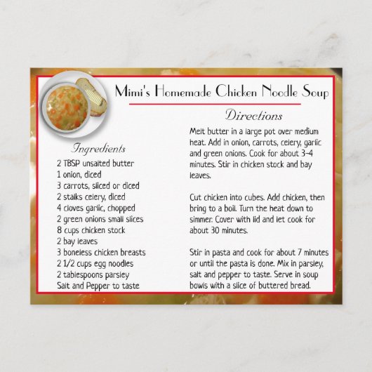 Mimis Chicken Noodle Soup Recipe Card Postkarte (Vorderseite)