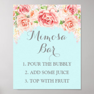 Mimosa-Bar-Schild Rosa Wasserfarben Blumen Blau Poster