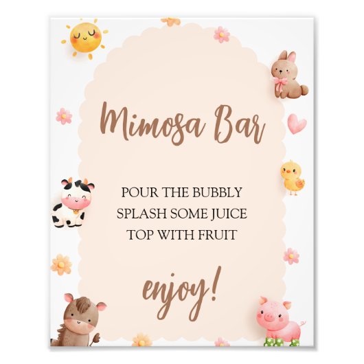 Mimosa Bar Sign Farm Animals Baby Dusche Fotodruck (Vorne)