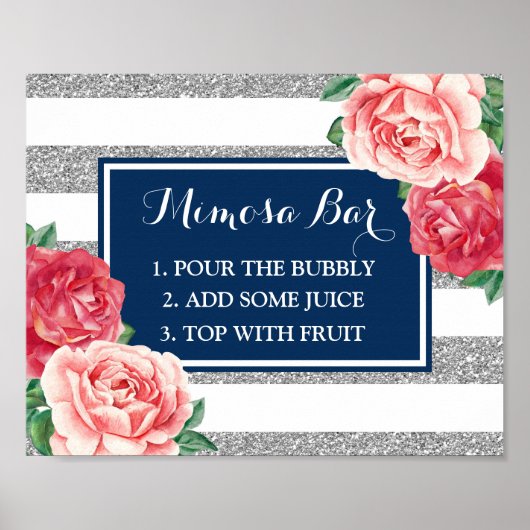 Mimosa Bar Sign Navy Silver Stripes Rosa Floral Poster (Vorne)