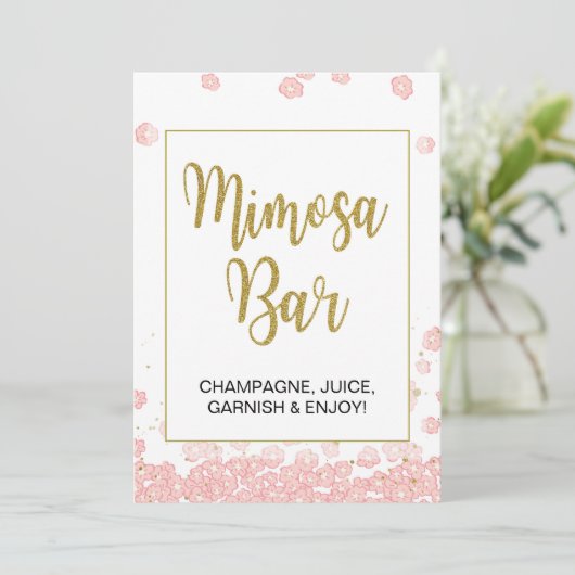 Mimosa Bar Sign | Rosa und goldenes Brautparty Einladung (Stehend Vorderseite)