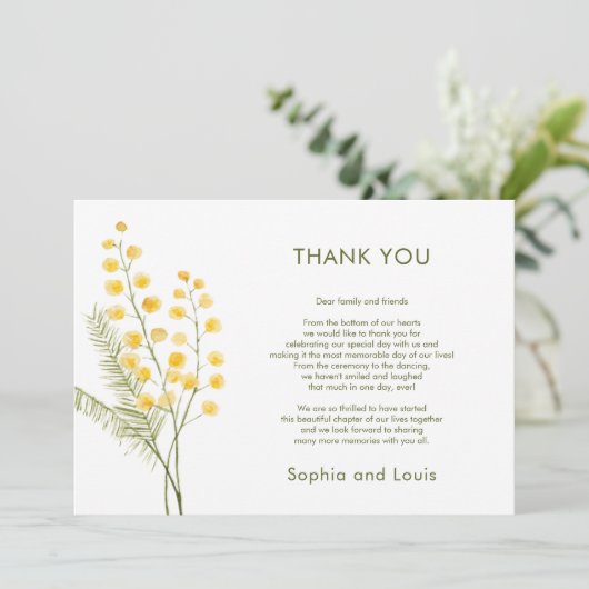 Mimosa Blume Hochzeit Danke-Card Dankeskarte (Stehend Vorderseite)