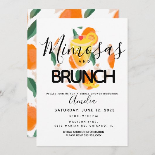 Mimosa Brunch Handgezeichnete Brautdusche Einladun Einladung (Vorne/Hinten)