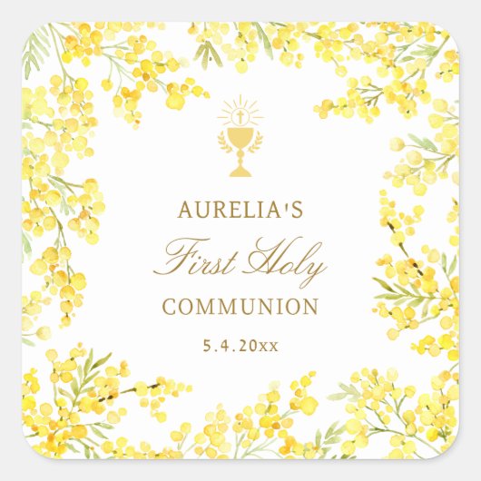 Mimosa First Communion Quadratischer Aufkleber (Vorderseite)