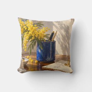 Mimosa Morgen Schreibtisch Blaue Keramik Stilllebe Kissen