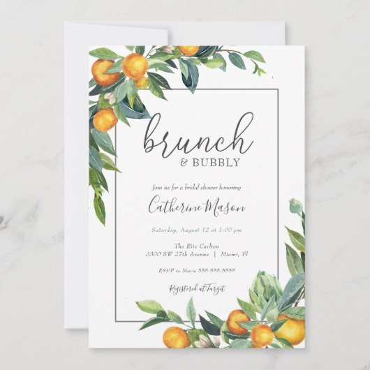 Mimosa Orange Brunch and Bubbly Brautparty Einladung (Vorderseite)