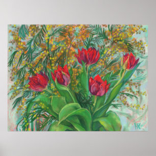 Mimosa und Tulips, Frühlingsblumen, Blumengemälde Poster