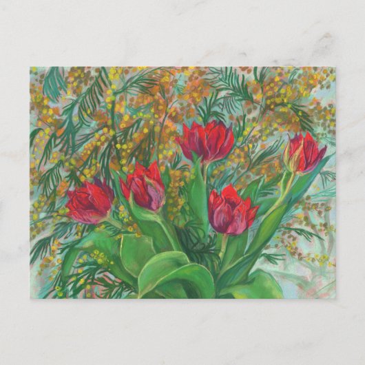 Mimosa und Tulips, Frühlingsblumen, Blumengemälde Postkarte (Vorderseite)