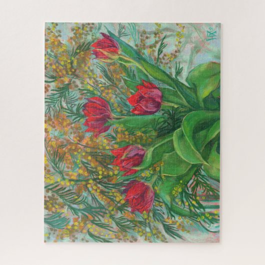 Mimosa und Tulips, Frühlingsblumen, Blumengemälde Puzzle (Vertikal)