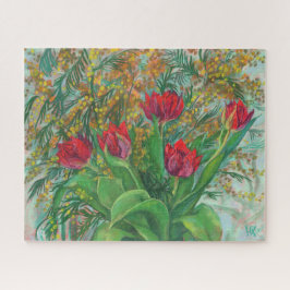 Mimosa und Tulips, Frühlingsblumen, Blumengemälde Puzzle