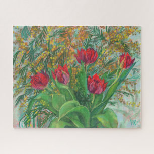 Mimosa und Tulips, Frühlingsblumen, Blumengemälde Puzzle