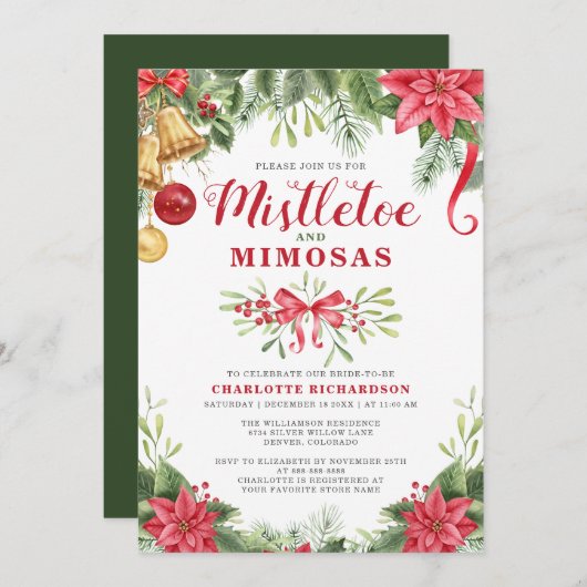 Mimosas & Mistletoe Elegantes Winter-Brautparty Einladung (Vorne/Hinten)