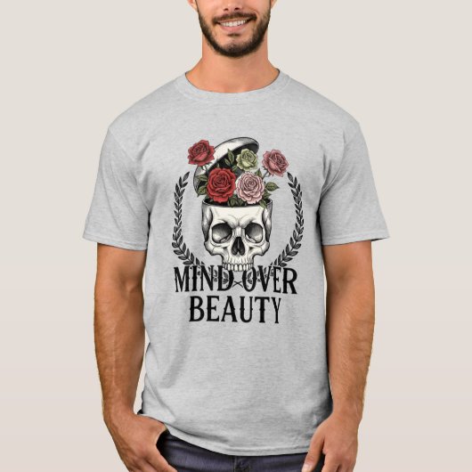 Mind Over Beauty Floral Skull Surreal Art T-Shirt (Vorderseite)