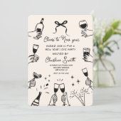 Mindest Handgezeichnete „Prost aufs neue Jahr“-Par Einladung (Stehend Vorderseite)