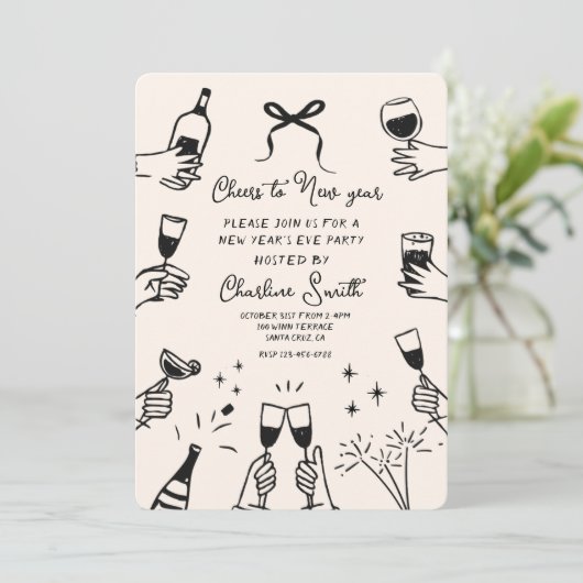 Mindest Handgezeichnete „Prost aufs neue Jahr“-Par Einladung (Stehend Vorderseite)