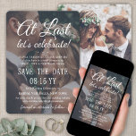 Mindestens 2 Foto einfache Overlay-Hochzeitsfeier Save The Date<br><div class="desc">Erzählen Sie die erfreuliche Neuigkeit Ihrer bevorstehenden Hochzeitsfeier mit dem einzigartigen "At Last Let's Celebrate" Custom Foto Overlay Save the Date Einladungen. Alle Formulierungen sind einfach zu personalisieren für eine Verlobungszeremonie, Folgeheiratung, 1. Jubiläum oder ein Party nach der Einführung. Geben Sie das Heiratsdatum, den Standort, die Website oder andere wichtige...</div>