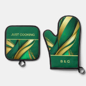 Mindestholz aus grünen und goldenen Streifen Ofenhandschuh & Topflappen-Set (Vorderseite)