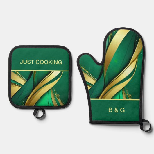 Mindestholz aus grünen und goldenen Streifen Ofenhandschuh & Topflappen-Set (Vorderseite)