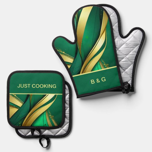 Mindestholz aus grünen und goldenen Streifen Ofenhandschuh & Topflappen-Set (Vorderseite/Rückseite)