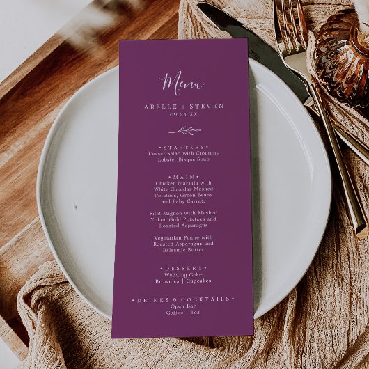 Mindestleaf | Berry Lila Wedding Dinner Menu Menükarte