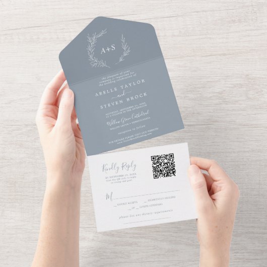Mindestleaf | Blue White Simple QR Code Wedding All In One Einladung (Abreißen)