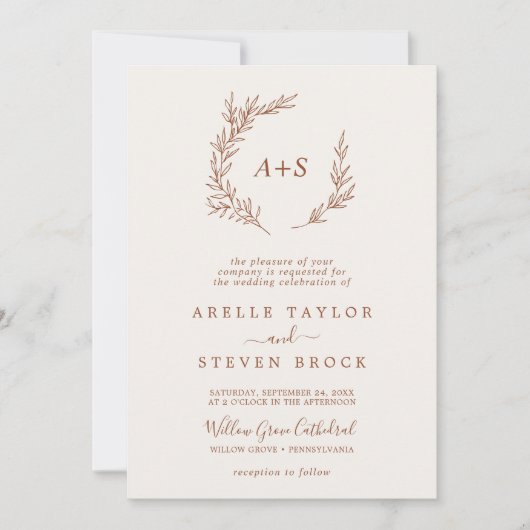 Mindestleaf | Boho Cream Monogram QR Code Wedding Einladung (Vorderseite)