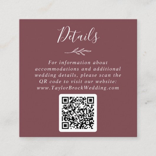 Mindestleaf | Burgund QR Code Hochzeitdetails Begleitkarte (Vorderseite)