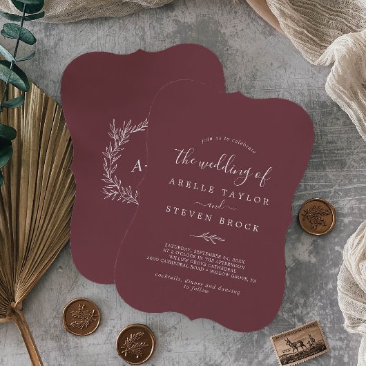 Mindestleaf | Burgundy Monogram Back Wedding Einladung