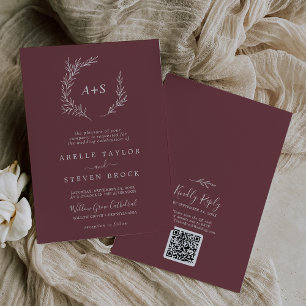 Mindestleaf Burgundy Monogram QR Code Wedding Einladung