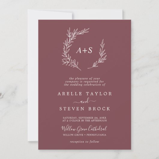 Mindestleaf | Burgundy Monogram QR Code Wedding Einladung (Vorderseite)
