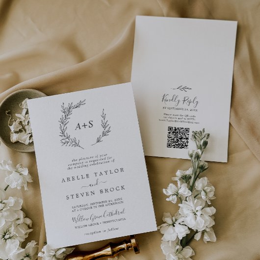 Mindestleaf | Dunkelgraue Monogram QR Code Wedding Einladung