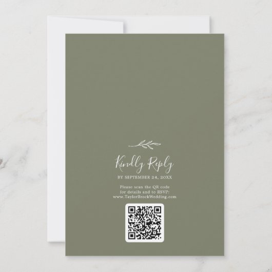 Mindestleaf | Dunkelgrüne Monogram QR Code Wedding Einladung (Rückseite)