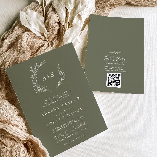 Mindestleaf | Dunkelgrüne Monogram QR Code Wedding Einladung