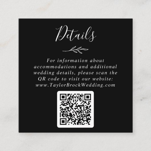 Mindestleaf | Dunkle schwarze QR Code Hochzeitdeta Begleitkarte (Vorderseite)