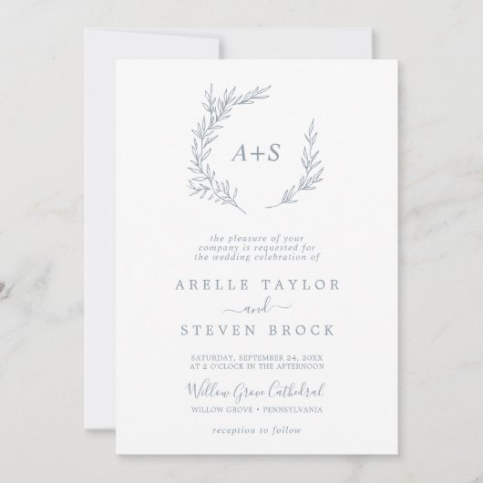 Mindestleaf | Dusty Blue Formal Monogram Wedding Einladung (Vorderseite)