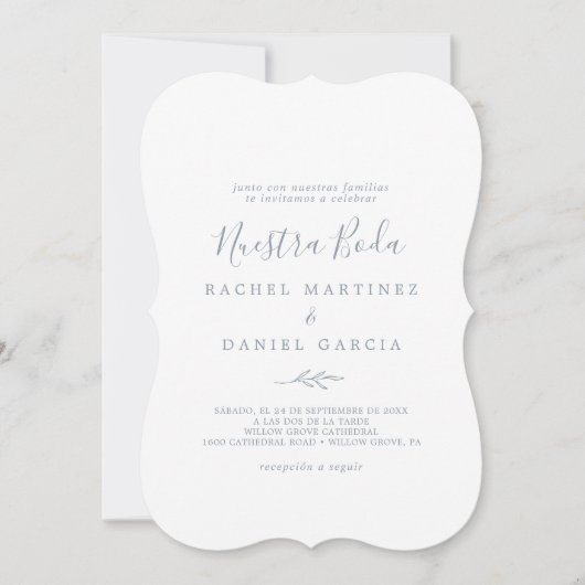 Mindestleaf | Dusty Blue Spanish Nuestra Boda Einladung (Vorderseite)