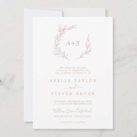 Mindestleaf | Dusty Rose Formal Monogram Wedding Einladung (Vorderseite)