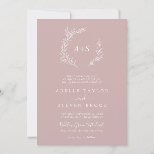 Mindestleaf | Dusty Rose Monogram QR Code Wedding Einladung (Vorderseite)