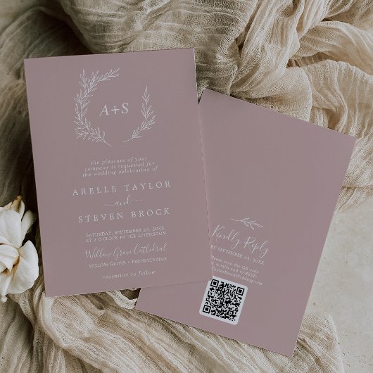 Mindestleaf | Dusty Rose Monogram QR Code Wedding Einladung